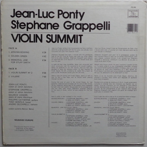Jean-Luc Ponty, Stéphane Grappelli : Violin Summit (LP, Album, RE)