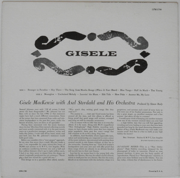 Gisele MacKenzie With Axel Stordahl Orchestra : Gisele (LP, Album, Mono)