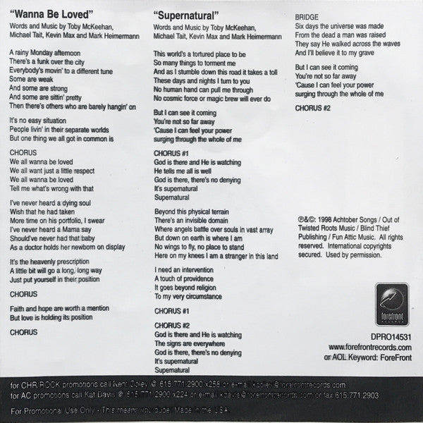 DC Talk : Wanna Be Loved / Supernatural  (CD, Single, Promo)