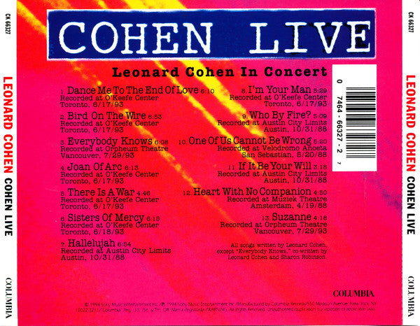 Leonard Cohen : Cohen Live (CD, Album)