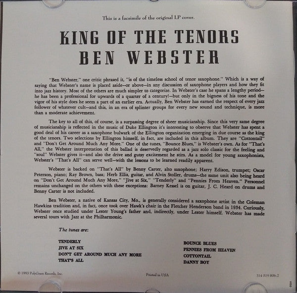 Ben Webster : King Of The Tenors (CD, Album, RE)