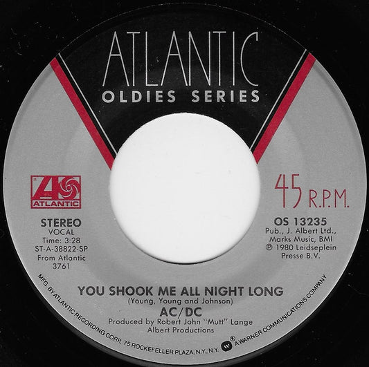 AC/DC : You Shook Me All Night Long / Back In Black (7", Single, RE, Sil)