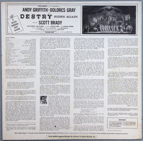 Harold Rome / Andy Griffith - Dolores Gray : Destry Rides Again (The Original Cast Album) (LP, Album, Mono, Promo, Glo)