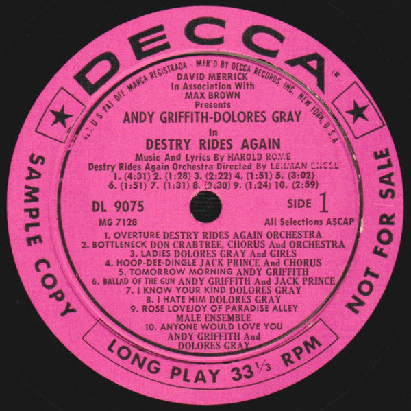 Harold Rome / Andy Griffith - Dolores Gray : Destry Rides Again (The Original Cast Album) (LP, Album, Mono, Promo, Glo)