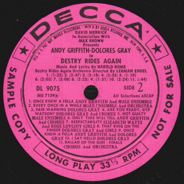 Harold Rome / Andy Griffith - Dolores Gray : Destry Rides Again (The Original Cast Album) (LP, Album, Mono, Promo, Glo)