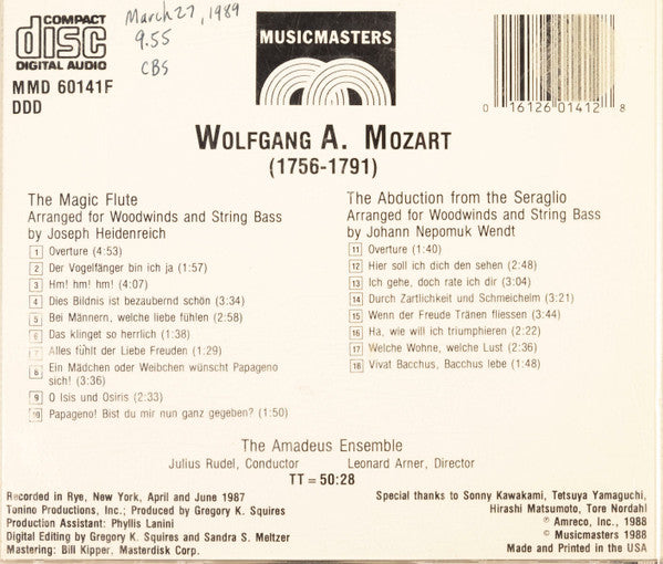 Wolfgang Amadeus Mozart / Julius Rudel, Amadeus Wind Ensemble : The Magic Flute / The Abduction From The Seraglio Arranged For Woodwinds And String Bass (CD, Album)