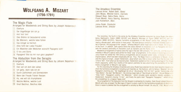 Wolfgang Amadeus Mozart / Julius Rudel, Amadeus Wind Ensemble : The Magic Flute / The Abduction From The Seraglio Arranged For Woodwinds And String Bass (CD, Album)