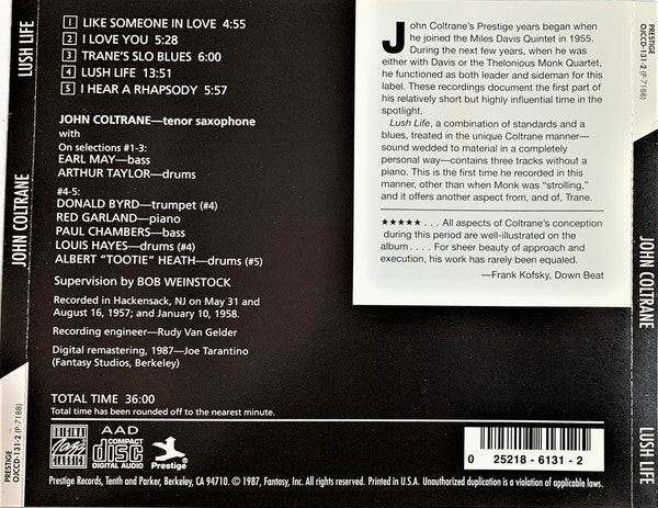 John Coltrane : Lush Life (CD, Album, RE, RM)
