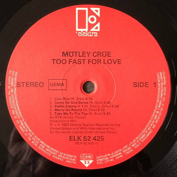 Mötley Crüe : Too Fast For Love (LP, Album)