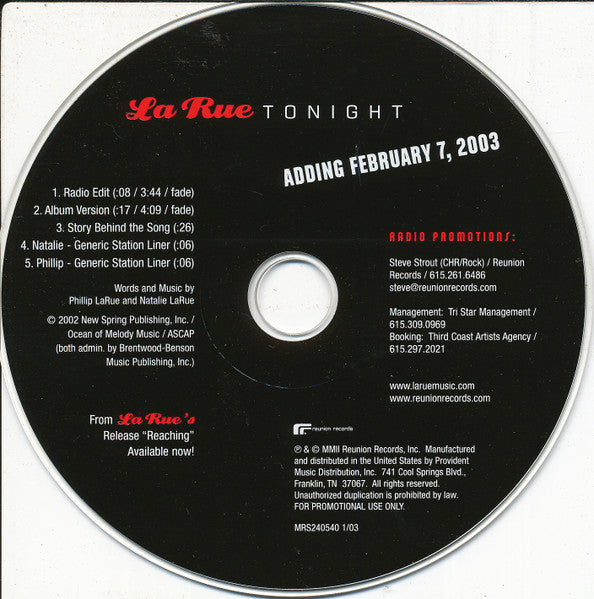 La Rue (4) : Tonight (CD, Single, Promo)