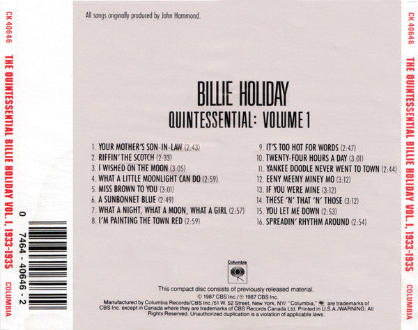 Billie Holiday : The Quintessential Billie Holiday Volume 1, 1933-1935 (CD, Comp, RM)