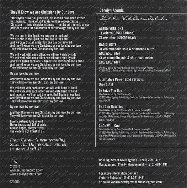 Carolyn Arends : They'll Know We Are Christians By Our Love (CD, Maxi, Promo)
