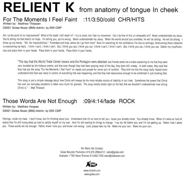 Relient K : For The Moments I Feel Faint / Those Words Are Not Enough (CD, Single, Promo)