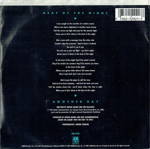 Bryan Adams : Heat Of The Night (7", Single, Styrene, Ind)