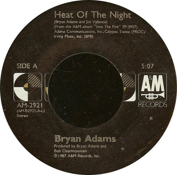 Bryan Adams : Heat Of The Night (7", Single, Styrene, Ind)