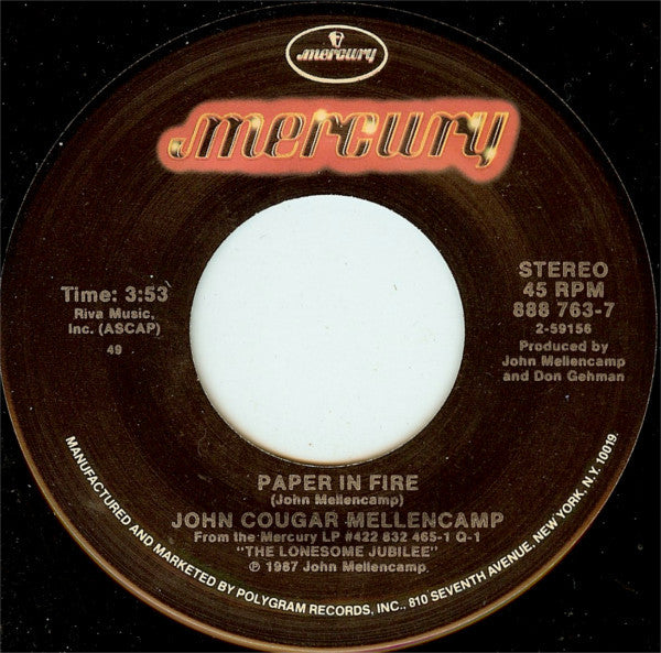 John Cougar Mellencamp : Paper In Fire (7", Single, 49 )