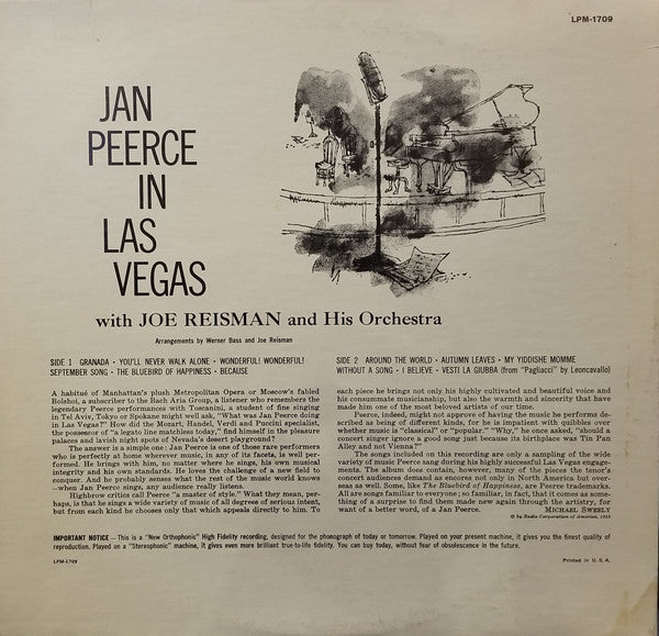 Jan Peerce With Joe Reisman And His Orchestra : Jan Peerce In Las Vegas (LP, Album, Mono, RE)