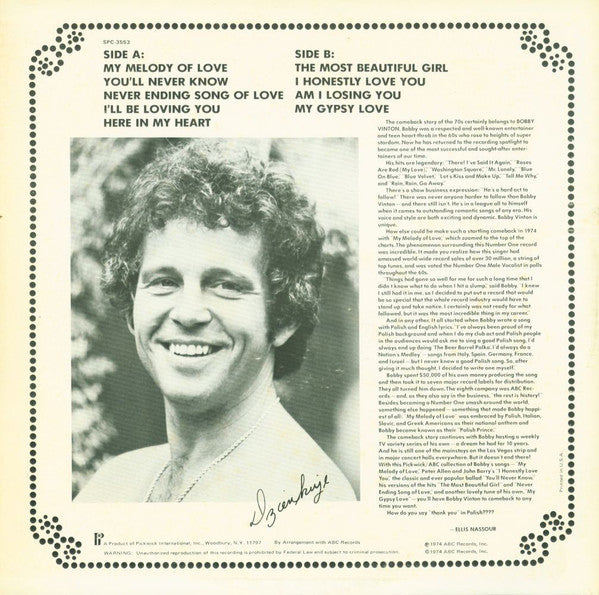 Bobby Vinton : Melodies Of Love (LP, Album, RE, Kee)