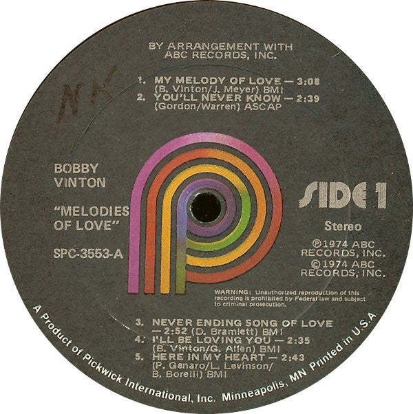Bobby Vinton : Melodies Of Love (LP, Album, RE, Kee)