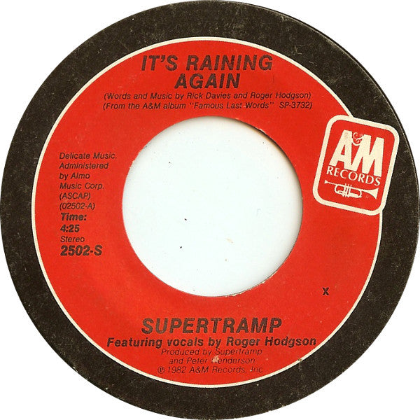 Supertramp : It's Raining Again (7", Single, Styrene, X P)