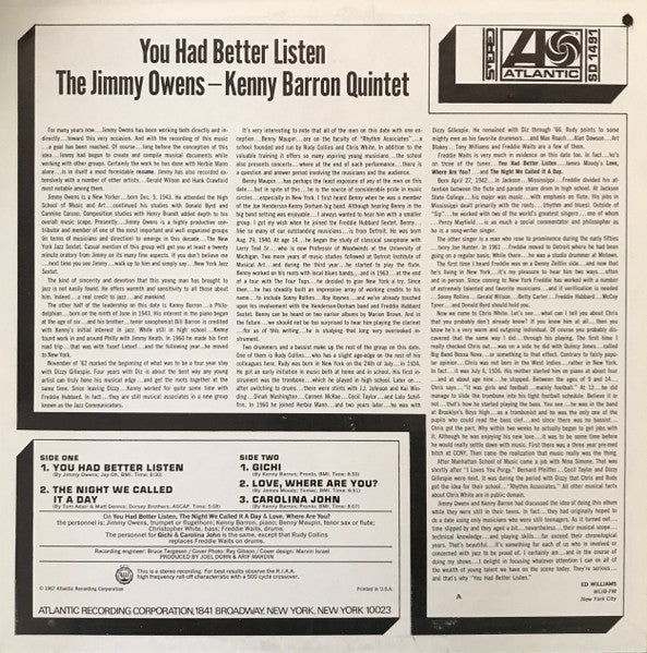 The Jimmy Owens - Kenny Barron Quintet : You Had Better Listen (LP, Album, Ter)