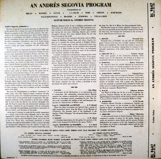 Andrés Segovia : An Andrés Segovia Program (LP, Album, Mono, RP)