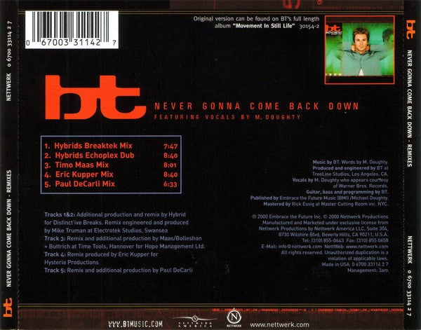 BT Featuring Mike Doughty : Never Gonna Come Back Down (Remixes) (CD, Maxi)
