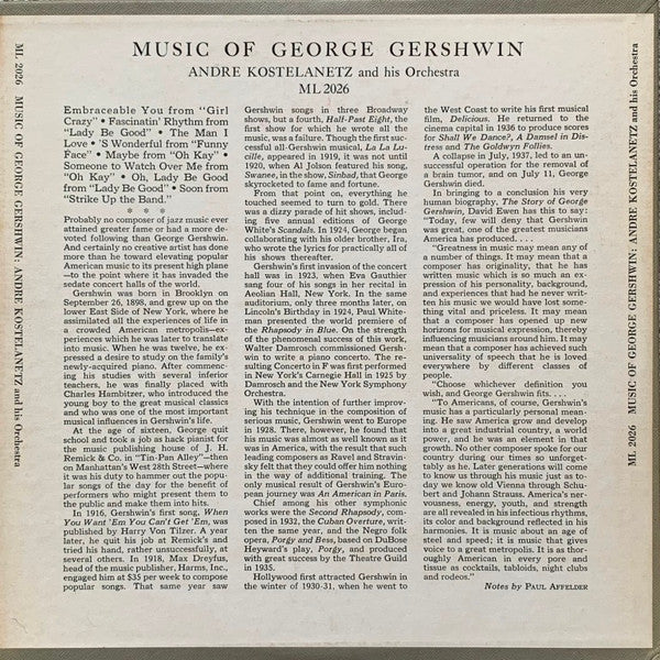 André Kostelanetz And His Orchestra : Music Of George Gershwin (10", Album, Mono)