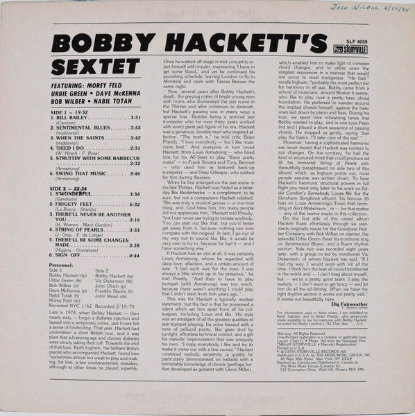 The Bobby Hackett Sextet : Bobby Hackett's Sextet (LP, Album, RE)