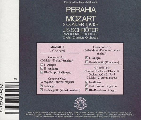 Murray Perahia, Mozart*, J.S. Schröter*, English Chamber Orchestra : 3 Concerti. K. 107 / Piano Concerto Op. 3, No. 3 (CD, Album)