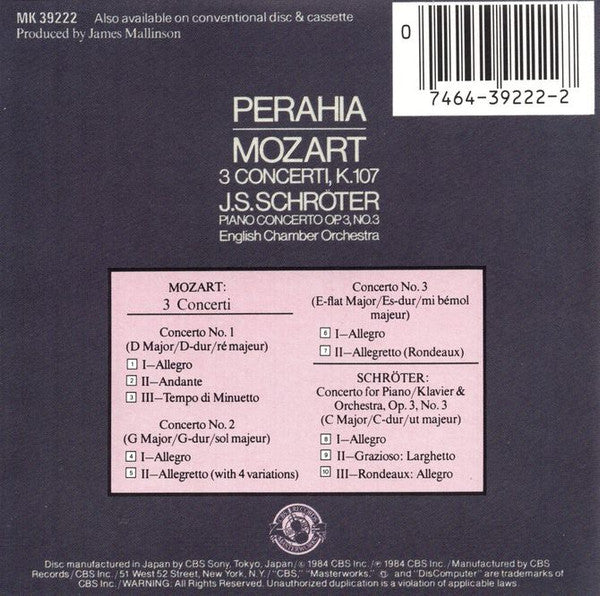 Murray Perahia, Mozart*, J.S. Schröter*, English Chamber Orchestra : 3 Concerti. K. 107 / Piano Concerto Op. 3, No. 3 (CD, Album)