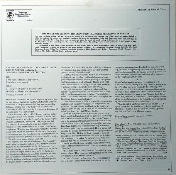 Johannes Brahms, Bruno Walter, Columbia Symphony Orchestra : Brahms Symphony No. 1 Bruno Walter (LP, RE)