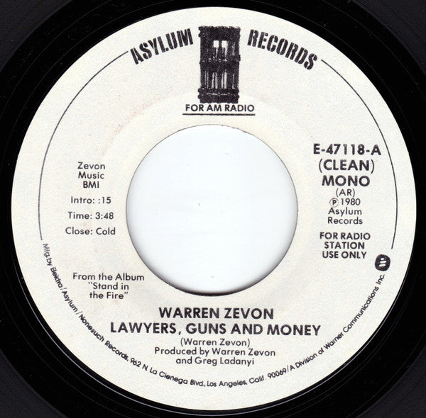 Warren Zevon : Lawyers, Guns And Money / Werewolves Of London (7", Single, Mono, Promo, AR )