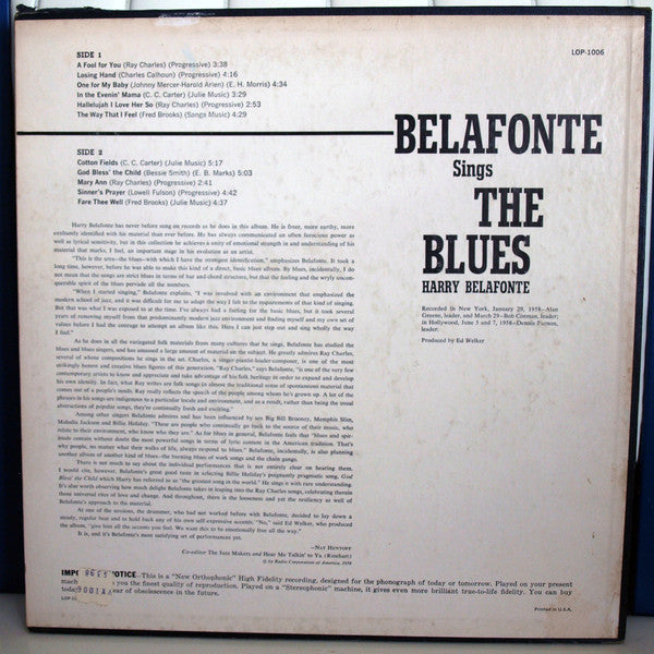 Harry Belafonte : Belafonte Sings The Blues (LP, Album, Mono, Roc)
