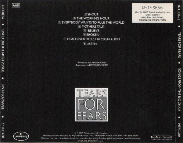 Tears For Fears : Songs From The Big Chair (CD, Album, Club, RE, PDO)