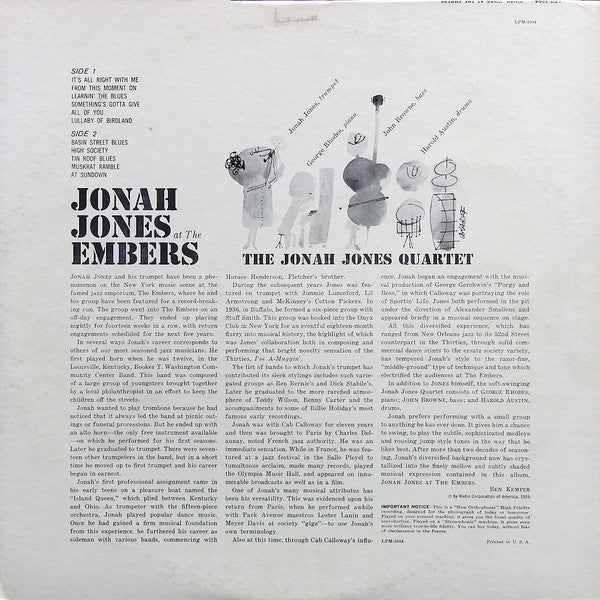 The Jonah Jones Quartet : Jonah Jones At The Embers (LP, Album, Mono, RE)