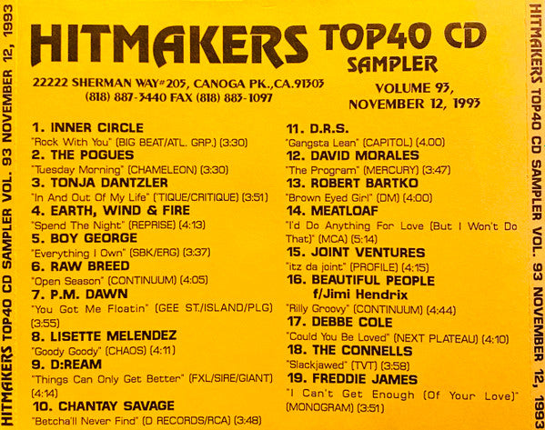 Various : Hitmakers Top 40 CD Sampler Volume 93 November 12, 1993 (CD, Promo, Smplr)
