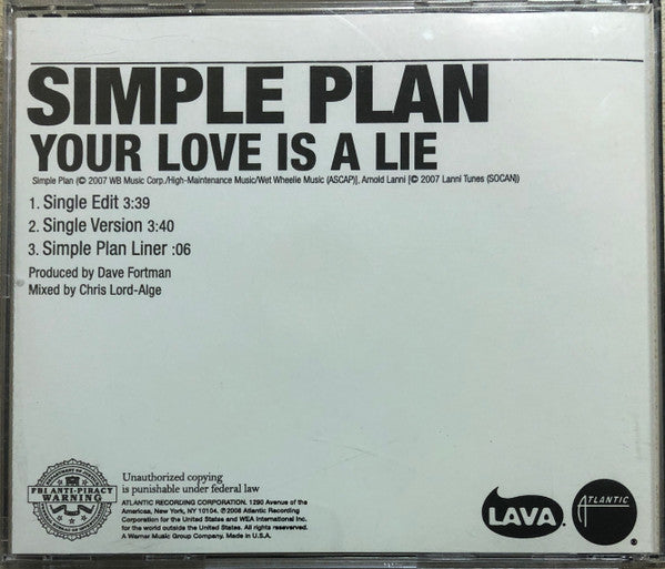 Simple Plan : Your Love Is A Lie (CD, Single, Promo)