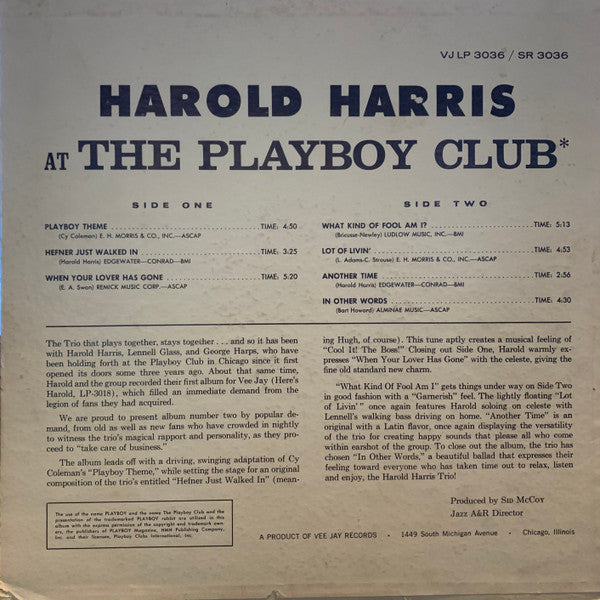 Harold Harris : At The Playboy Club (LP, Album, Mono)