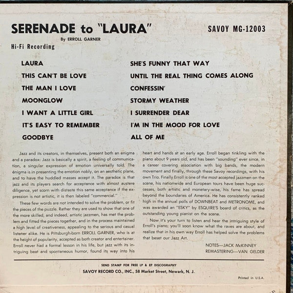 Erroll Garner : Plays Serenade To "Laura" (LP, Comp, Mono, RM, RP, MGM)