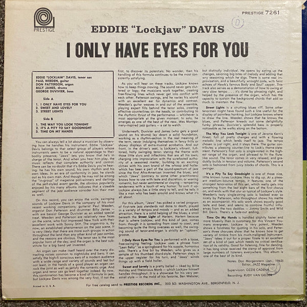 Eddie "Lockjaw" Davis With The Paul Weeden Trio : I Only Have Eyes For You (LP, Album)
