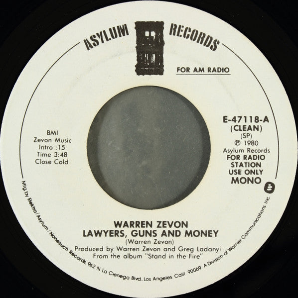 Warren Zevon : Lawyers, Guns And Money (7", Mono, Promo, SP )