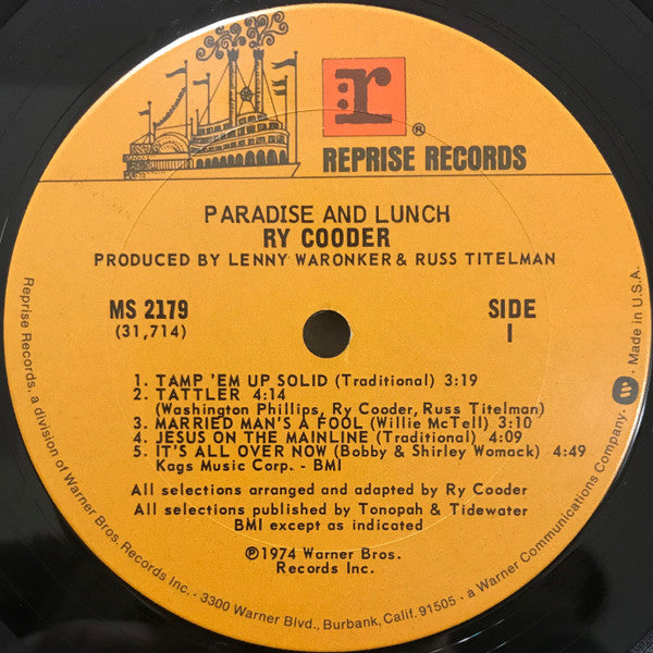 Ry Cooder : Paradise And Lunch (LP, Album, Pit)