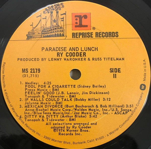 Ry Cooder : Paradise And Lunch (LP, Album, Pit)