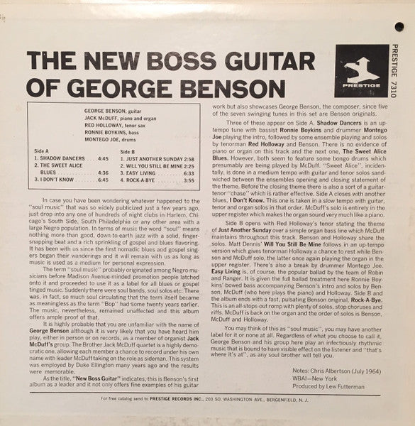 George Benson With The Brother Jack McDuff Quartet : The New Boss Guitar Of George Benson (LP, Album, Mono)