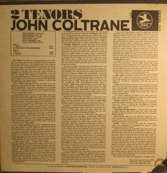 John Coltrane With Hank Mobley : 2 Tenors (LP, Album, RE, RM)