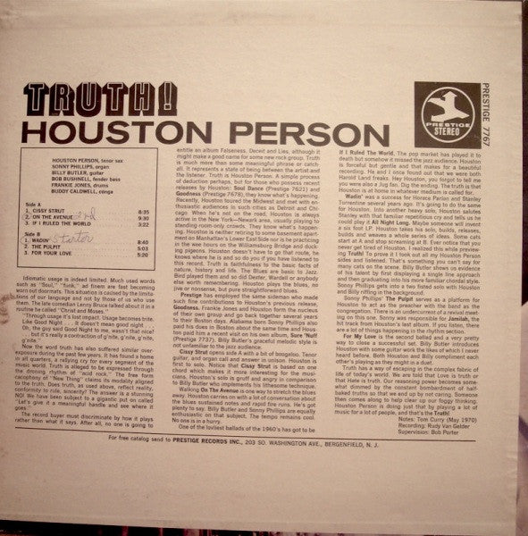 Houston Person : Truth! (LP, Album, RP, Pur)