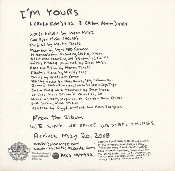 Jason Mraz : I'm Yours (CD, Single, Promo, car)