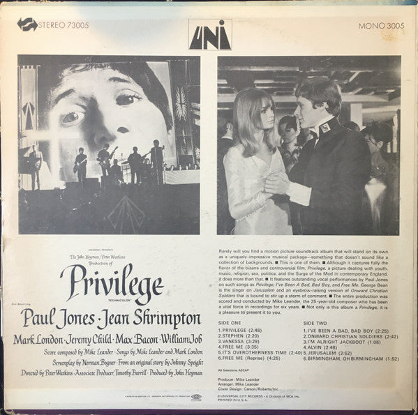 Mike Leander : Privilege (Original Soundtrack Album) (LP, Album)
