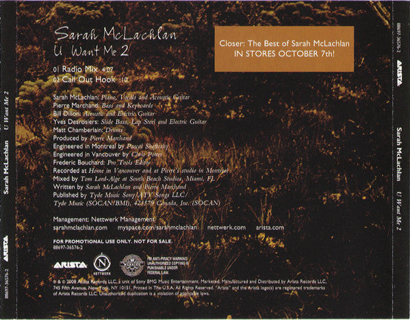 Sarah McLachlan : U Want Me 2 (CD, Single, Promo)